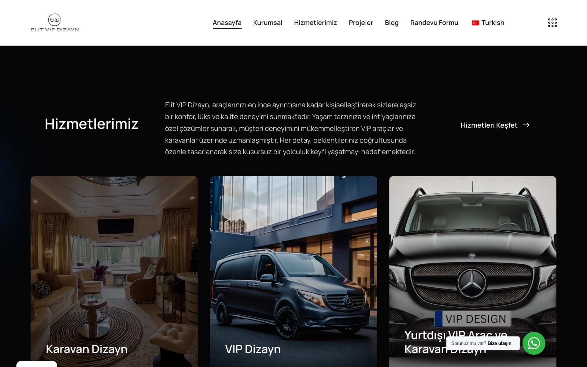 Startseite von Elit VIP Design: die WordPress-Website eines türkischen Betriebs für individuellen Fahrzeuginnenausbau und Fahrzeugumbau