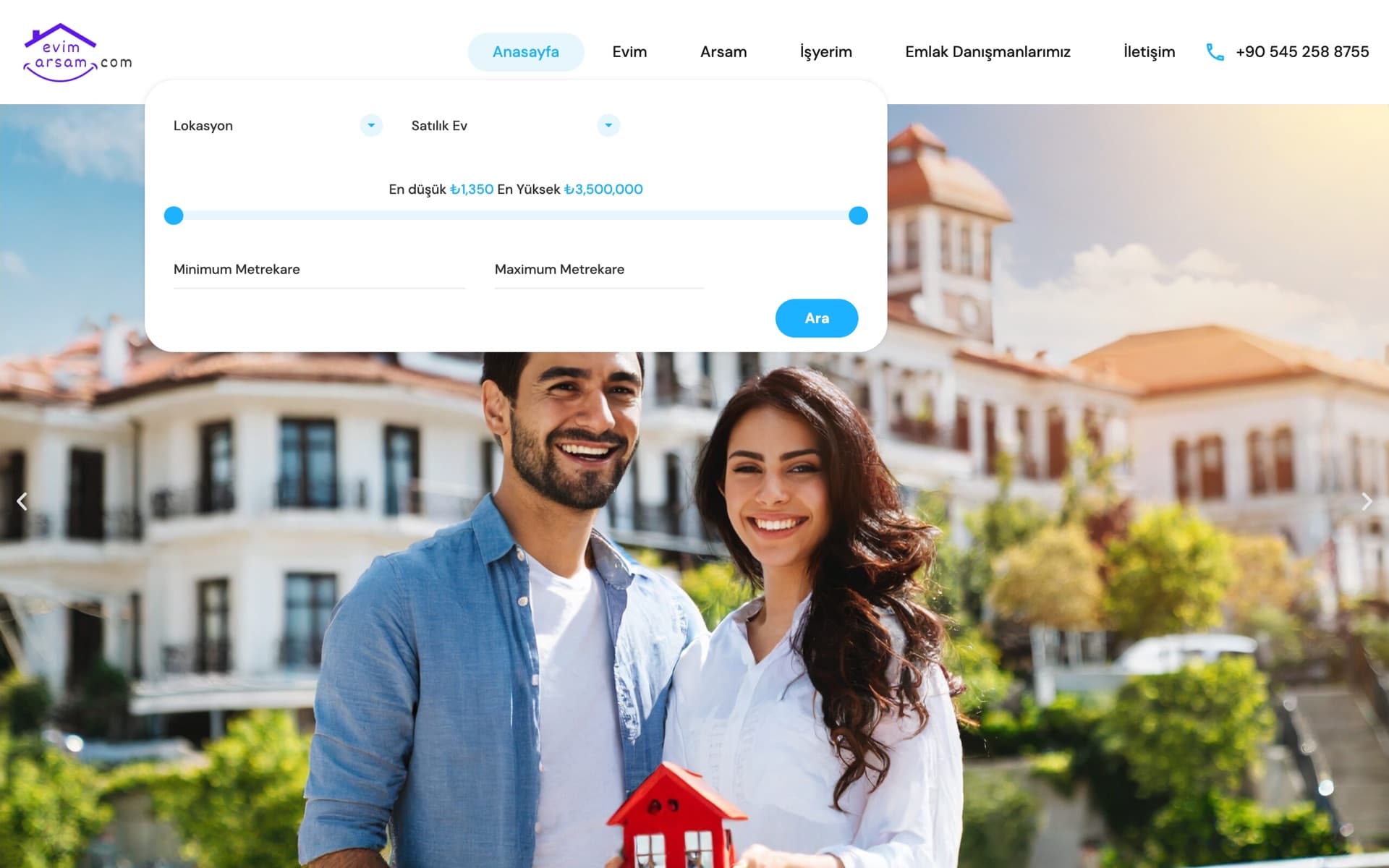 Startseite von Evim Arsam: ein WordPress-Immobilienportal für türkische Wohnimmobilien, Grundstücke und Gewerbeflächen