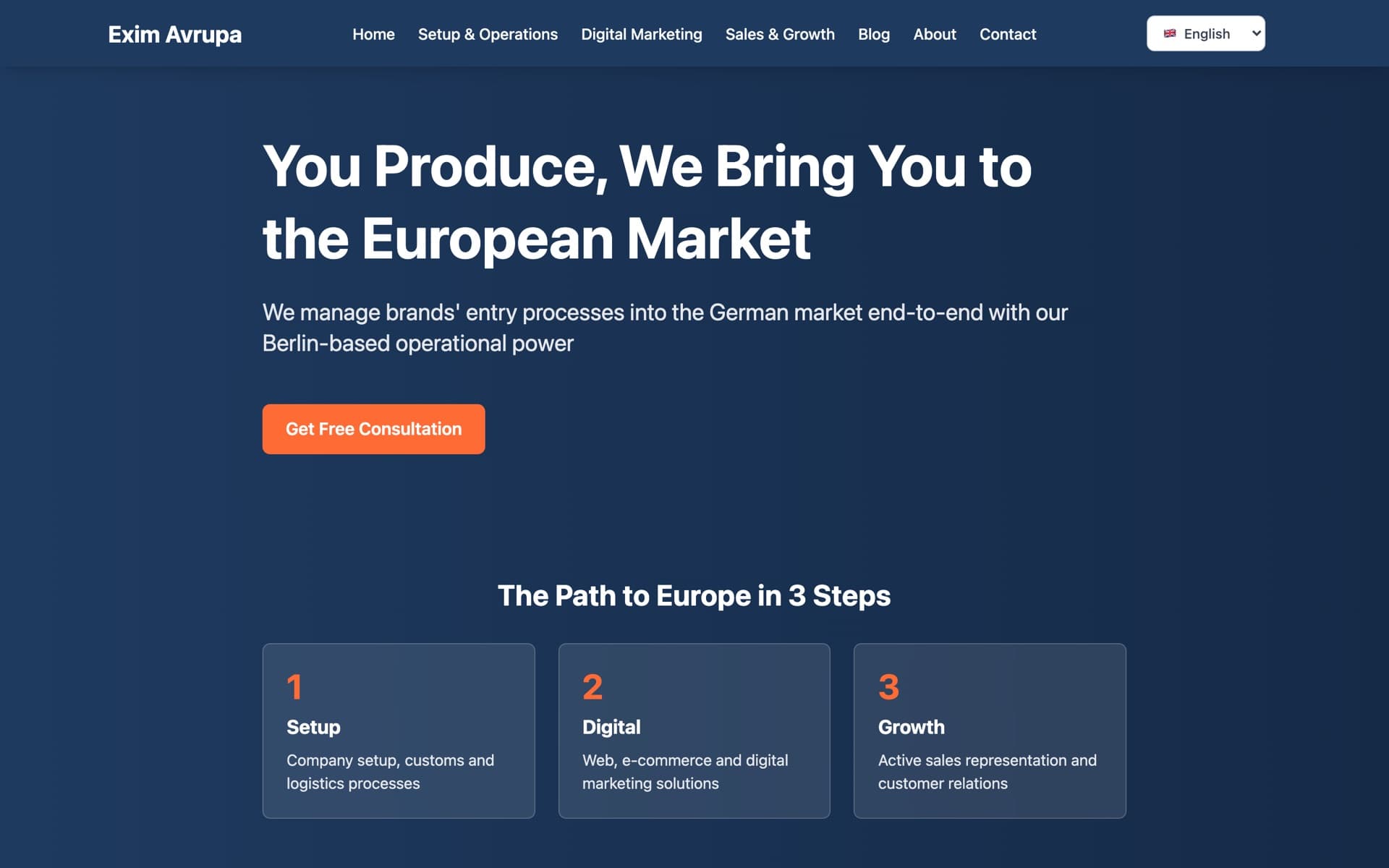 Startseite von Exim Avrupa: die WordPress-Website eines Berliner Unternehmens, das türkische Marken in den deutschen Markt bringt